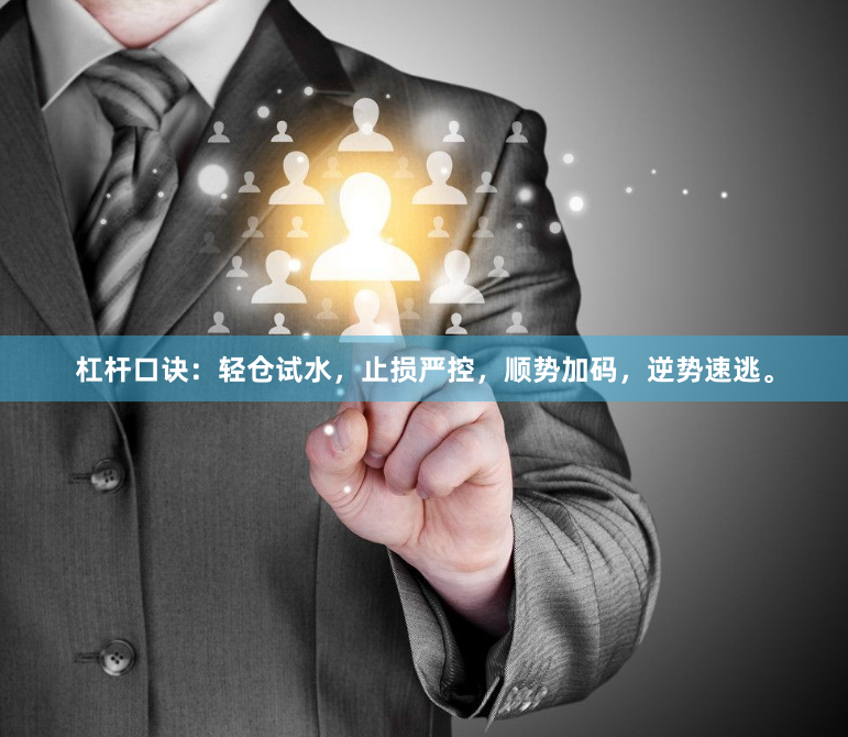 杠杆口诀：轻仓试水，止损严控，顺势加码，逆势速逃。